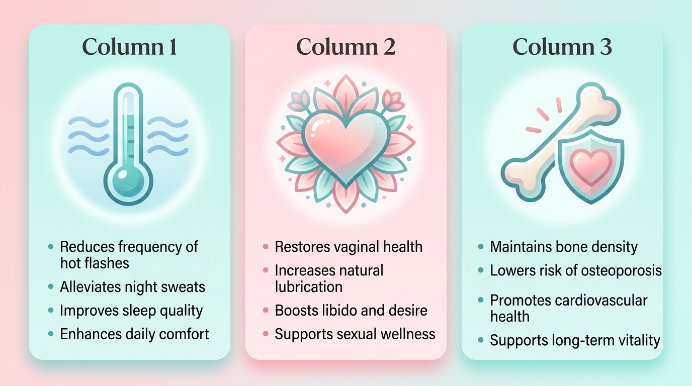 Three-column infographic highlighting key benefits of personalized hormone replacement therapy