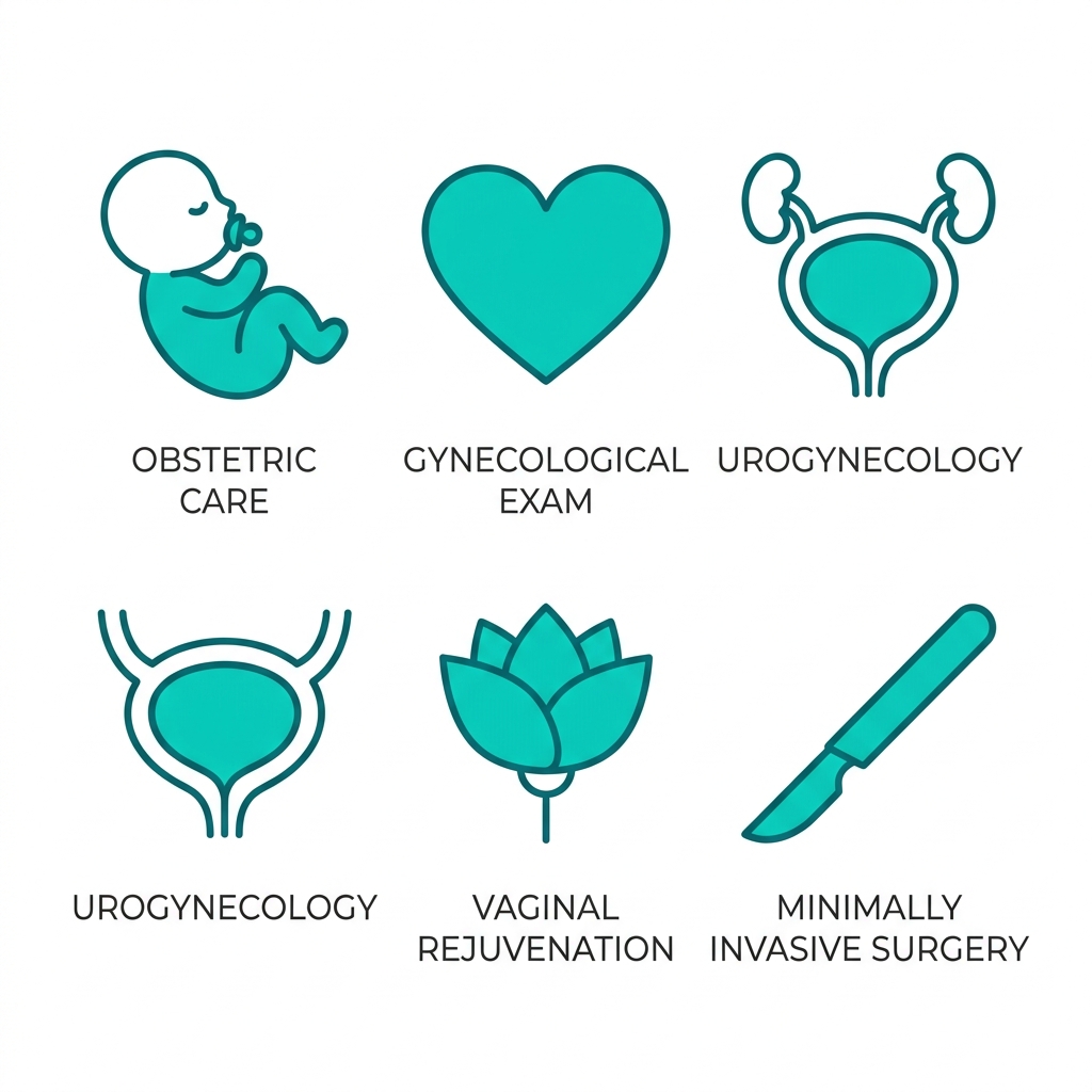 Icon set of OB/GYN services: baby for obstetric care, heart for gynecological exam, bladder for urogynecology, flower for vaginal rejuvenation, scalpel for minimally invasive surgery, in teal outline style on white