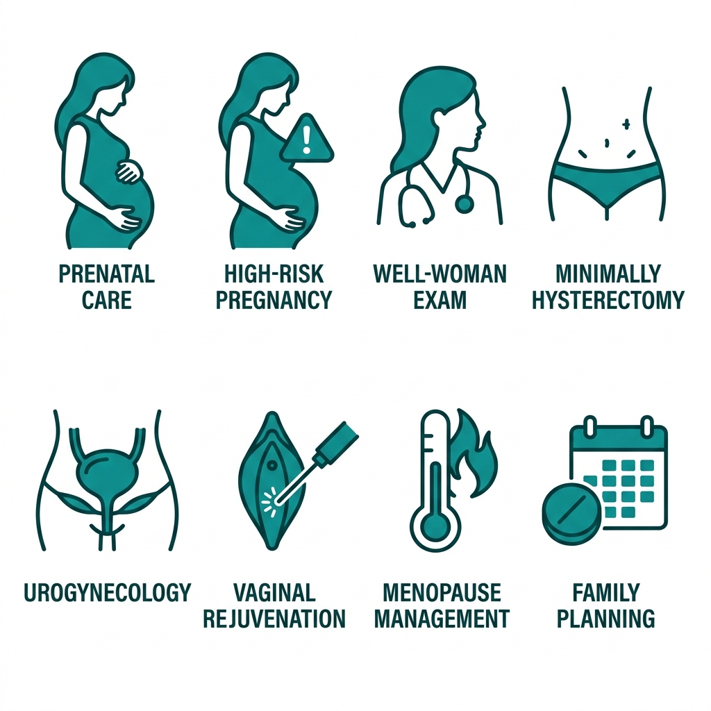 Icon set showing eight OBGYN services: prenatal care, high-risk pregnancy, well-woman exam, minimally invasive hysterectomy, urogynecology, vaginal rejuvenation, menopause management, and family planning. Flat design with teal outlines on white background.