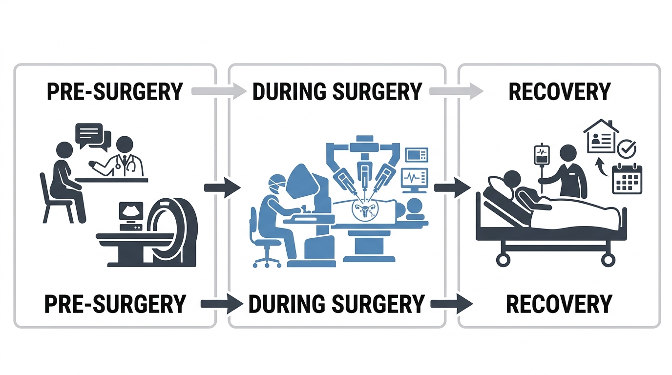Three-stage horizontal process flow for robotic gynecologic surgery journey