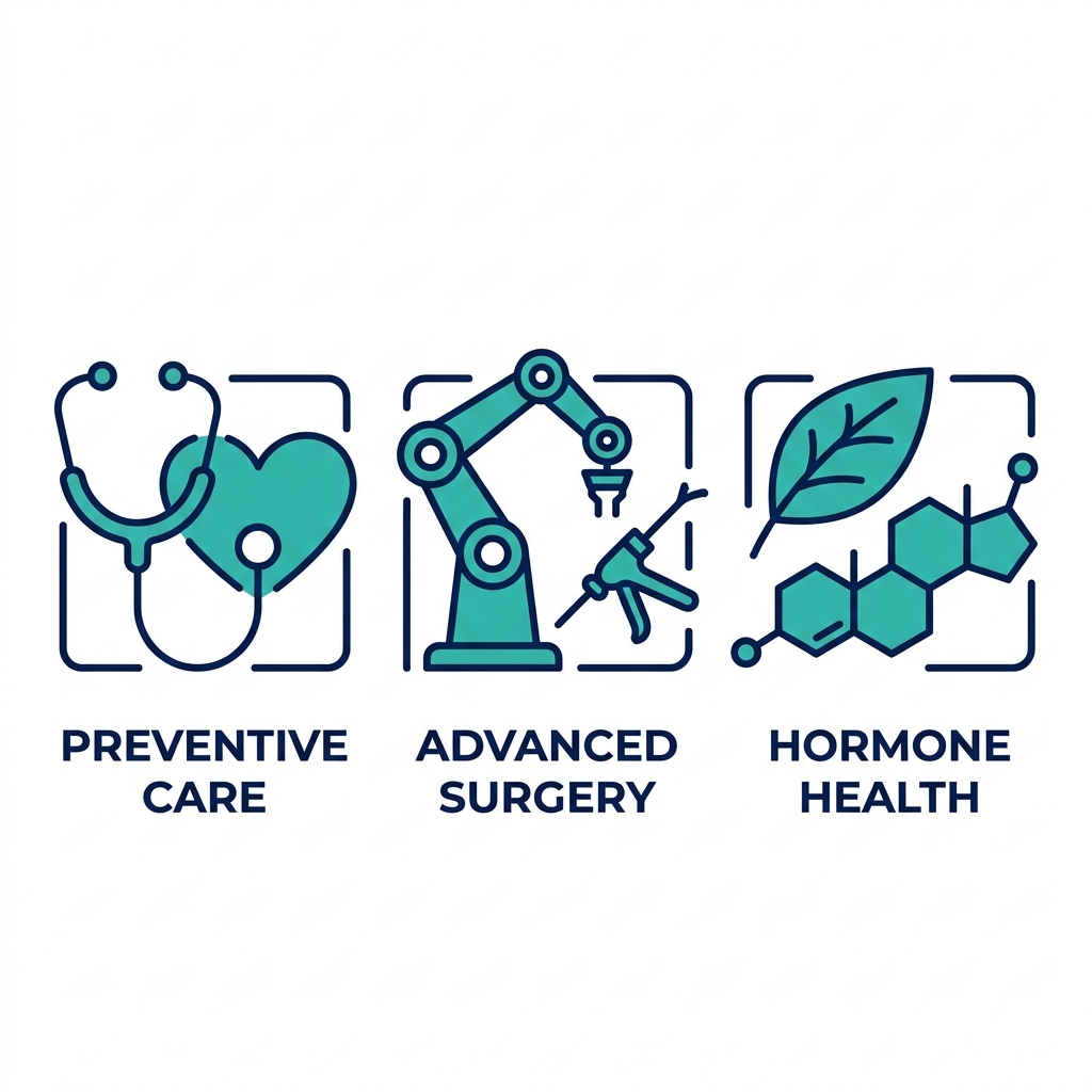 Set of three horizontal icons representing gynecological services: preventive care, advanced surgery, and hormone health in teal and navy blue.