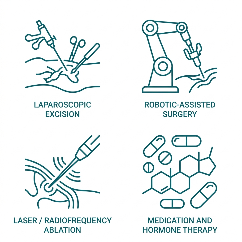 Icon set representing minimally invasive endometriosis treatments including laparoscopic excision, robotic-assisted surgery, laser ablation, and medication therapy