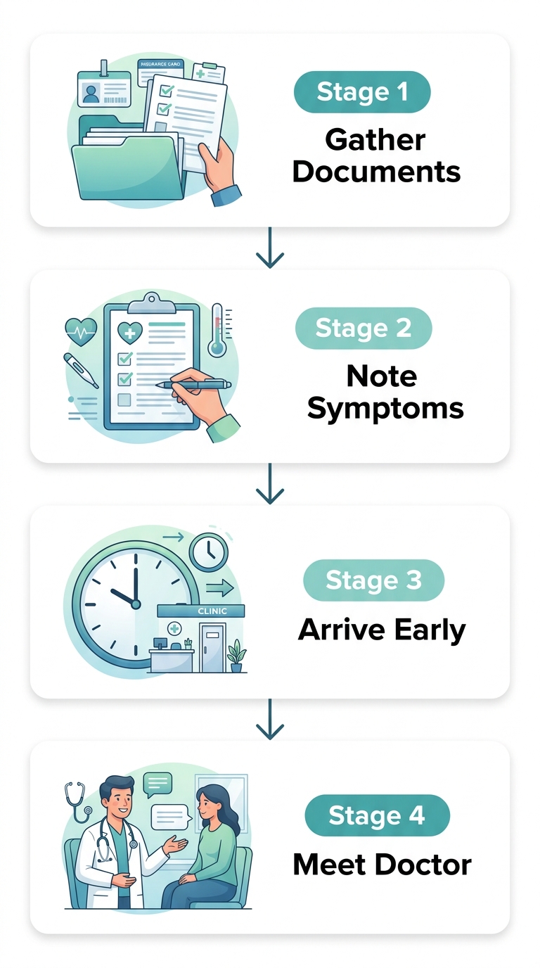 Vertical process flow diagram showing four steps to prepare for an OBGYN visit: gather documents, note symptoms, arrive early, and meet your doctor.
