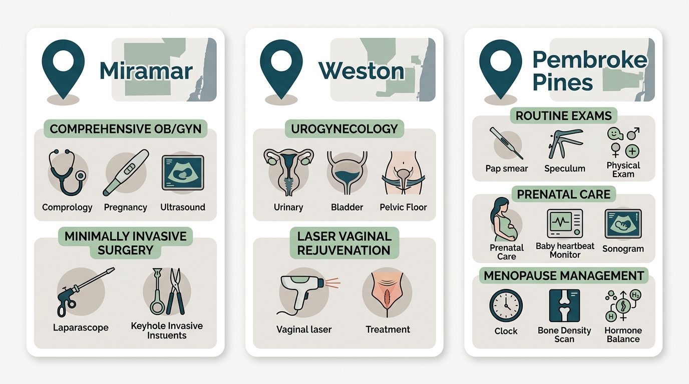 Side-by-side comparison of gynecological services available at Miramar, Weston, and Pembroke Pines locations
