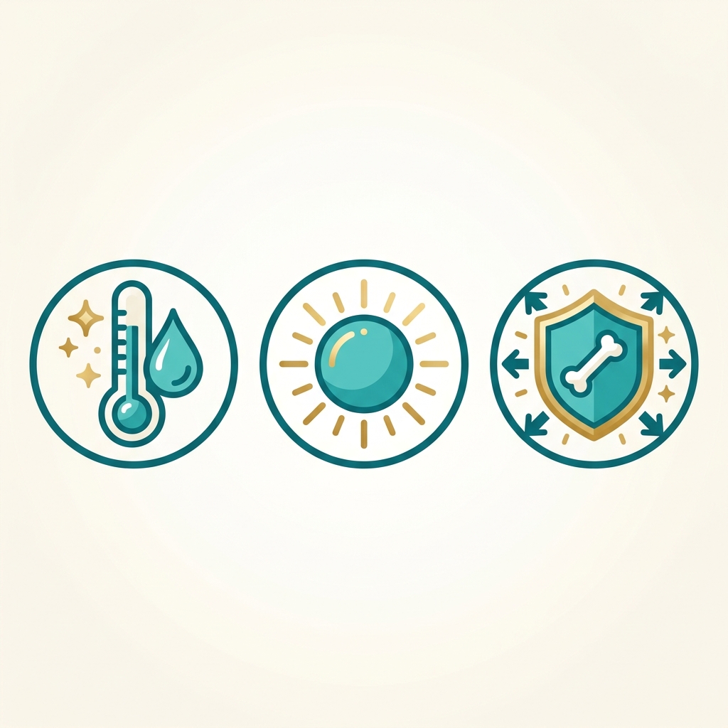 Three icons showing hormone therapy benefits: cool relief for hot flashes, sun for better mood and energy, and shield with bone for osteoporosis protection