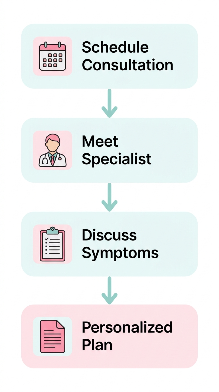 Vertical process flow showing four steps for menopause relief consultation at Dr. Anghel's OBGYN practice in Tamarac