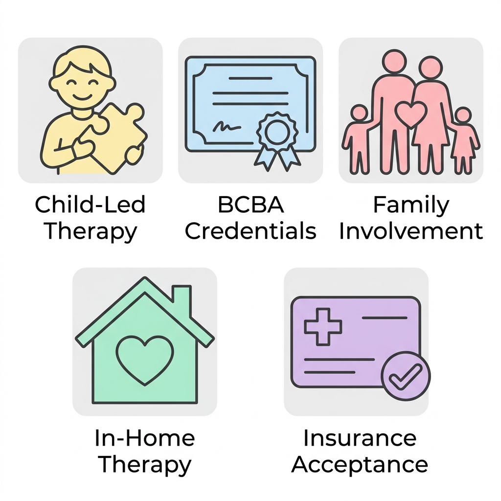 Icon set showing symbols for child-led therapy, BCBA credentials, family involvement, in-home therapy, and insurance acceptance