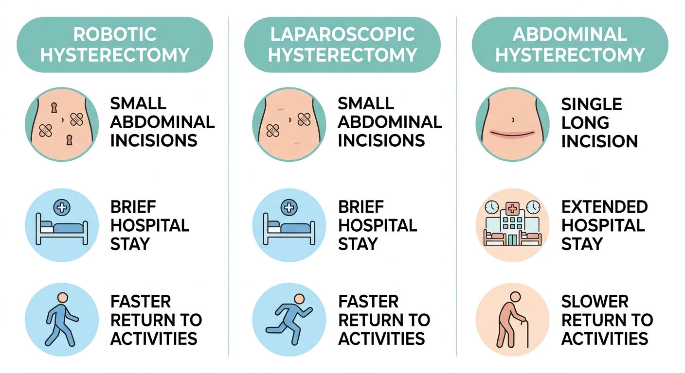 Comparison of three hysterectomy approaches: robotic, laparoscopic, and abdominal. Robotic and laparoscopic show small incisions, shorter hospital stays, and faster recovery with icons and soothing blue and teal medical layout.