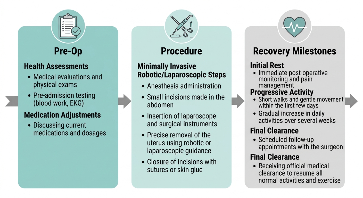 Hysterectomy journey timeline: three phases from preoperative preparation to procedure to recovery milestones
