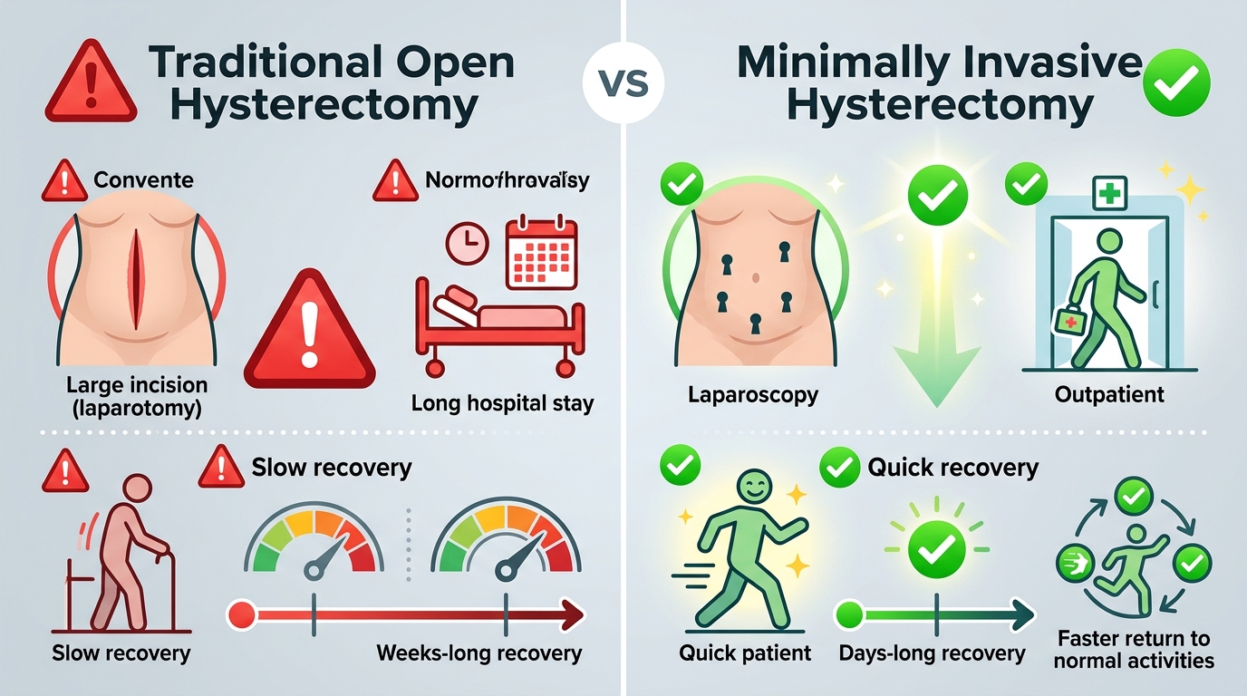 Infographic comparing benefits of minimally invasive hysterectomy versus traditional open hysterectomy