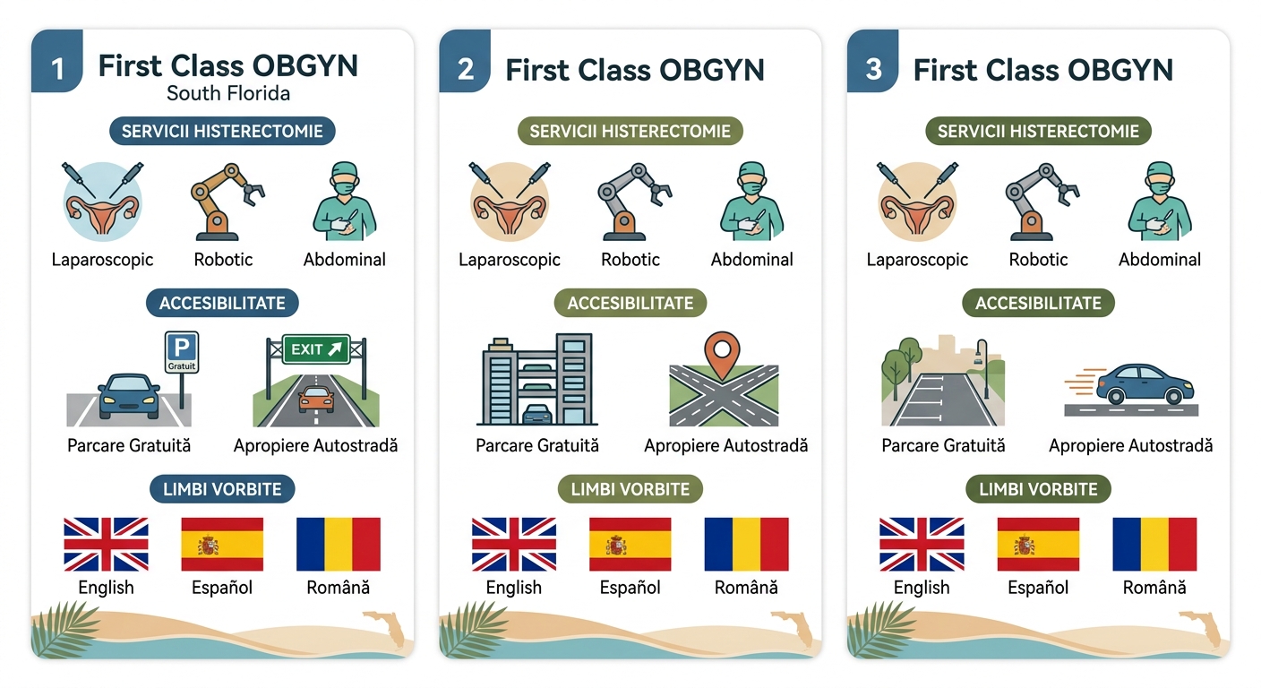 Infographic comparing First Class OBGYN locations for hysterectomy care in Miramar, Weston, and Pembroke Pines