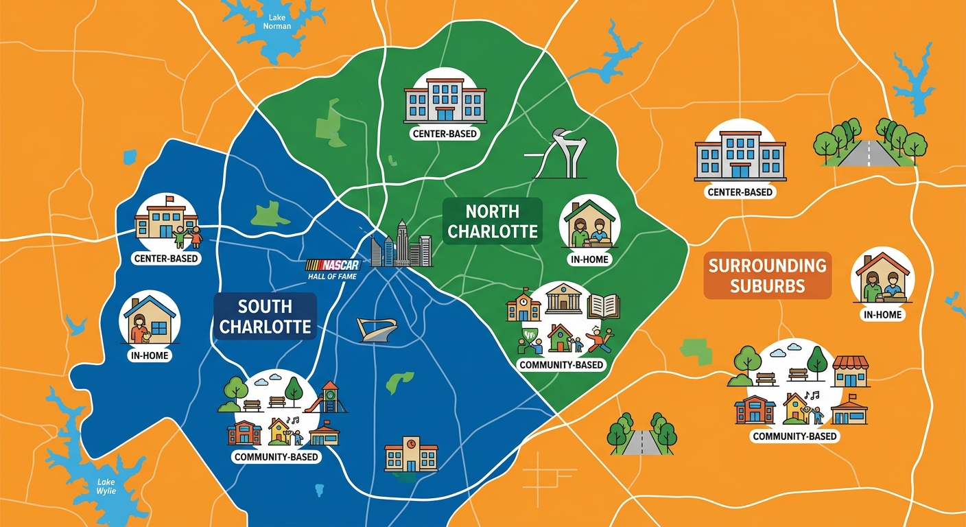 Infographic map of Charlotte metro ABA therapy service areas with three color-coded regions: South Charlotte in blue, North Charlotte in green, and surrounding suburbs in orange, each with icons for center-based, in-home, and community-based therapy