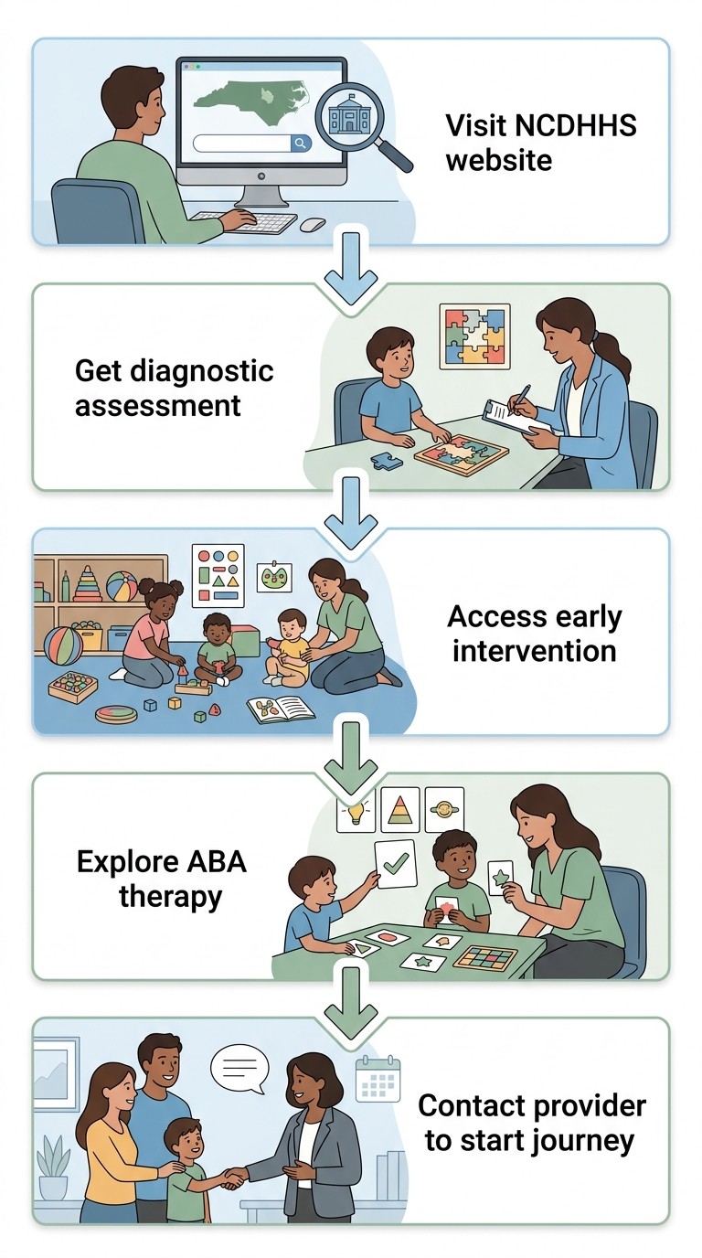 Vertical process flow showing five steps to begin autism services in Raleigh, North Carolina