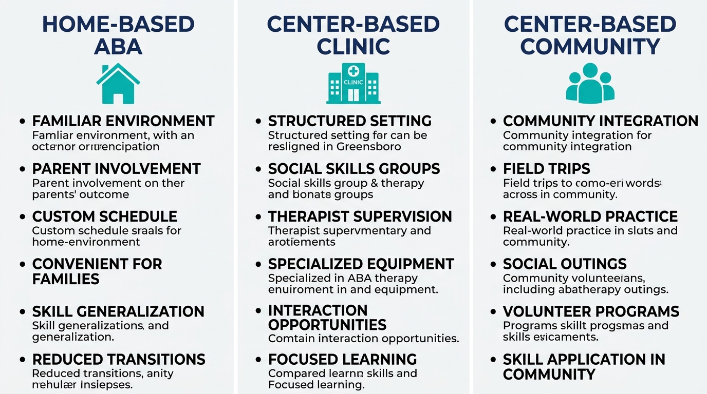 Infographic comparing home-based, center-based, and community-based ABA therapy options for Greensboro