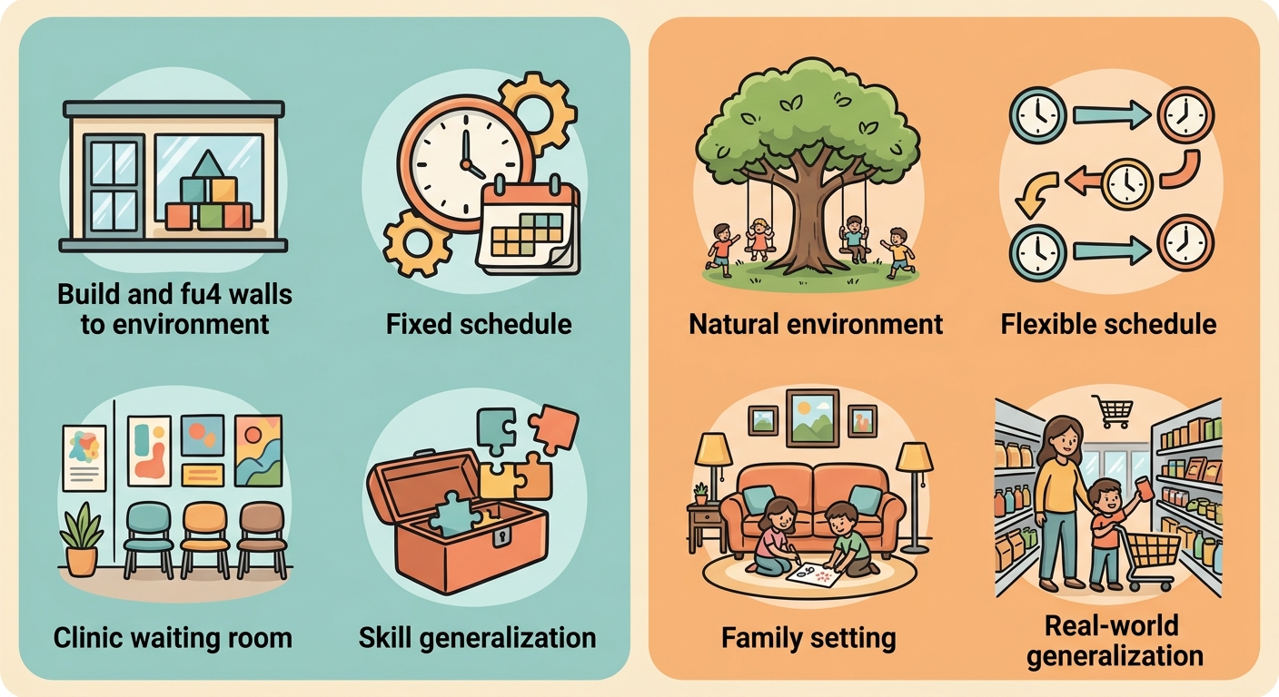 Comparison infographic contrasting center-based and in-home ABA therapy options in Greensboro