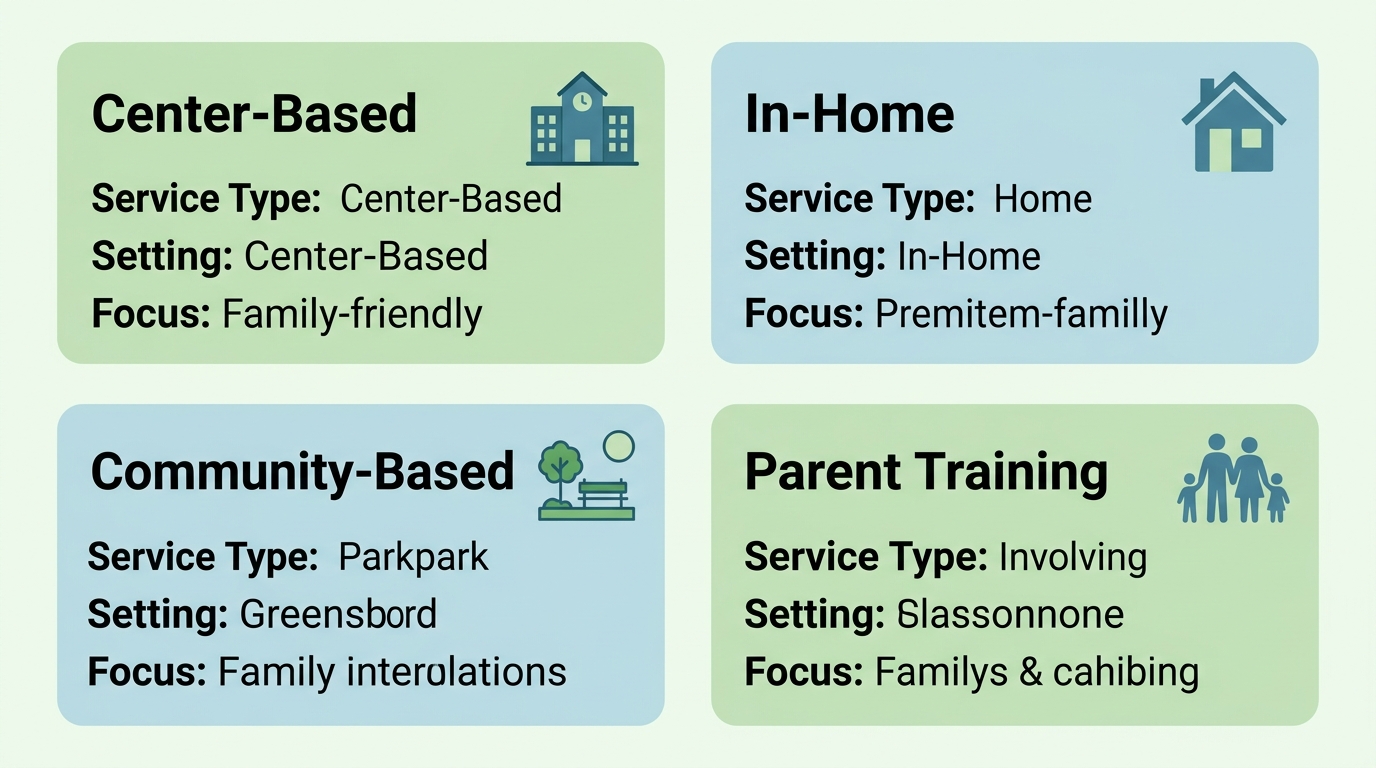 Infographic comparing four ABA therapy service models for Greensboro families: center-based, in-home, community-based, and parent training with icons and brief descriptions