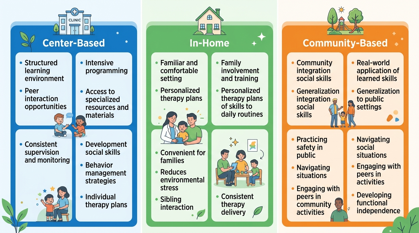 Infographic comparing three ABA therapy settings: center-based, in-home, and community-based with icons and bullet points