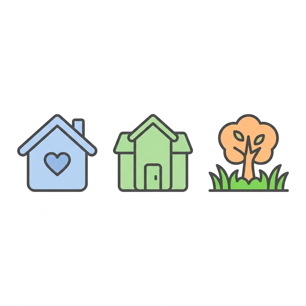 Icon set showing in-home, center-based, and community ABA therapy options