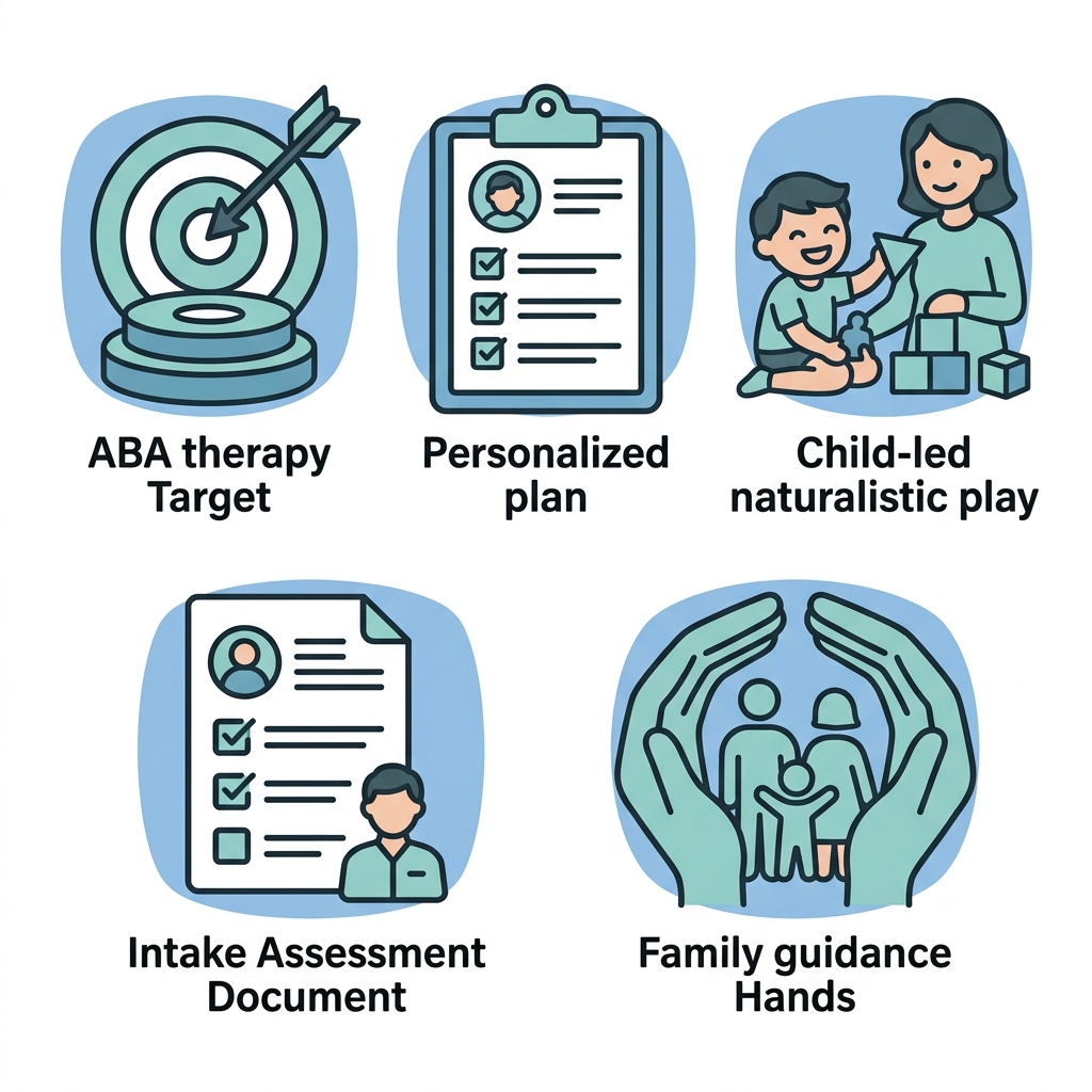 Set of 5 icons representing ABA therapy services including behavior target, personalized plan clipboard, child-led play, intake assessment, and family guidance hands arranged in a 2-row grid