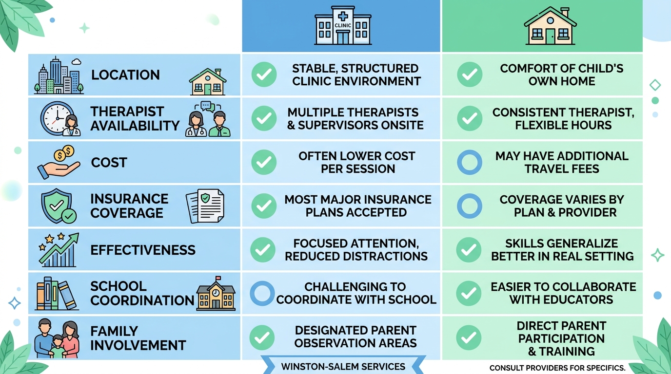 Comparison infographic of center-based versus in-home ABA therapy in Winston-Salem detailing seven key factors.
