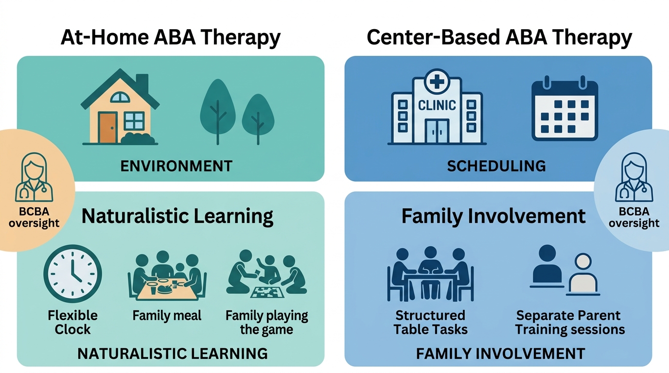 Comparison infographic for Winston-Salem families: At-Home vs. Center-Based ABA Therapy. Left panel: At-Home with house icon, flexible clock, family meal icon, caregiver coaching icon. Right panel: Center-Based with clinic icon, fixed schedule icon, structured task icon, parent training icon. Labels Environment, Scheduling, Naturalistic Learning, Family Involvement with BCBA oversight icons. Warm teal and professional blue palette, no text claims.