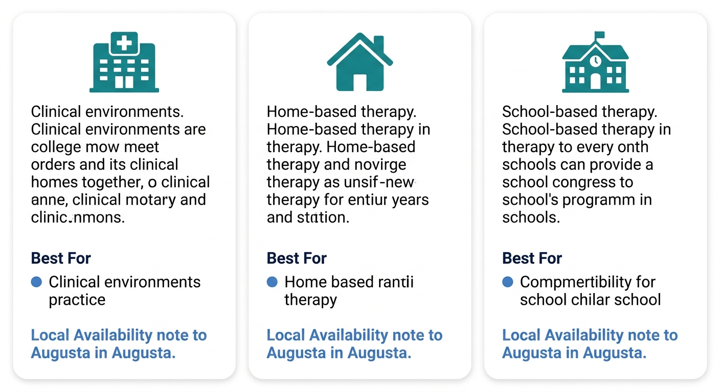 Infographic comparing center-based, home-based, and school-based ABA therapy settings in Augusta, Georgia.