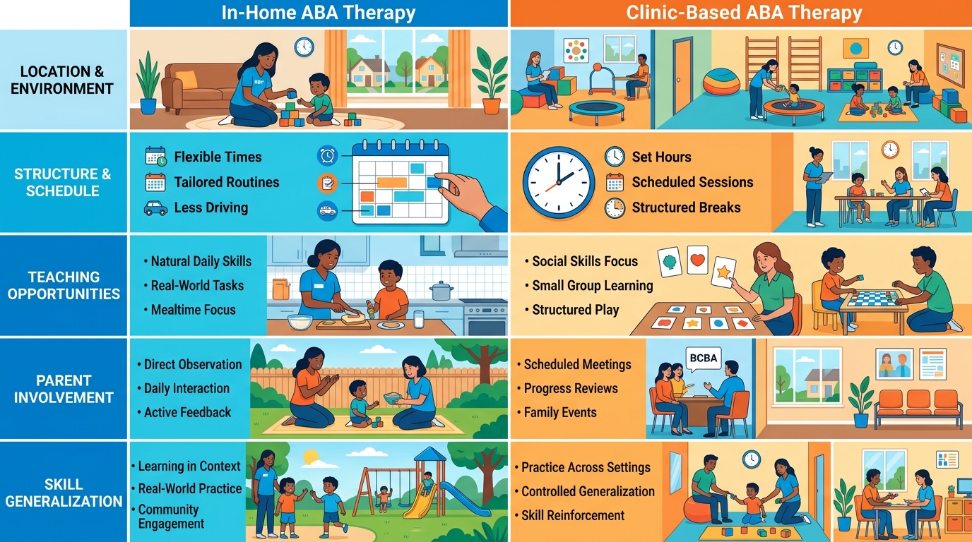 Side-by-side infographic comparing In-Home ABA Therapy and Clinic-Based ABA Therapy across five comparison rows with blue and orange icons and checkmarks