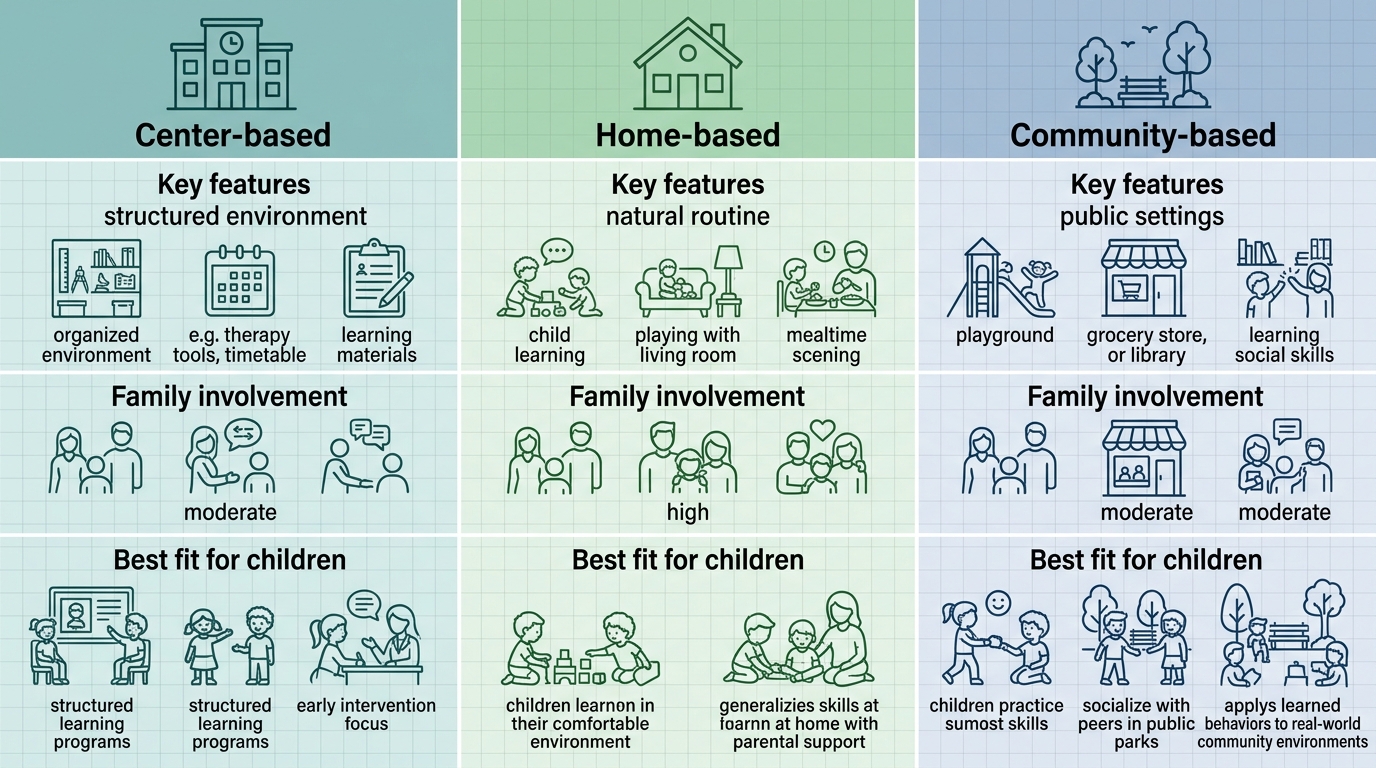 Infographic comparing center-based, home-based, and community-based ABA therapy settings