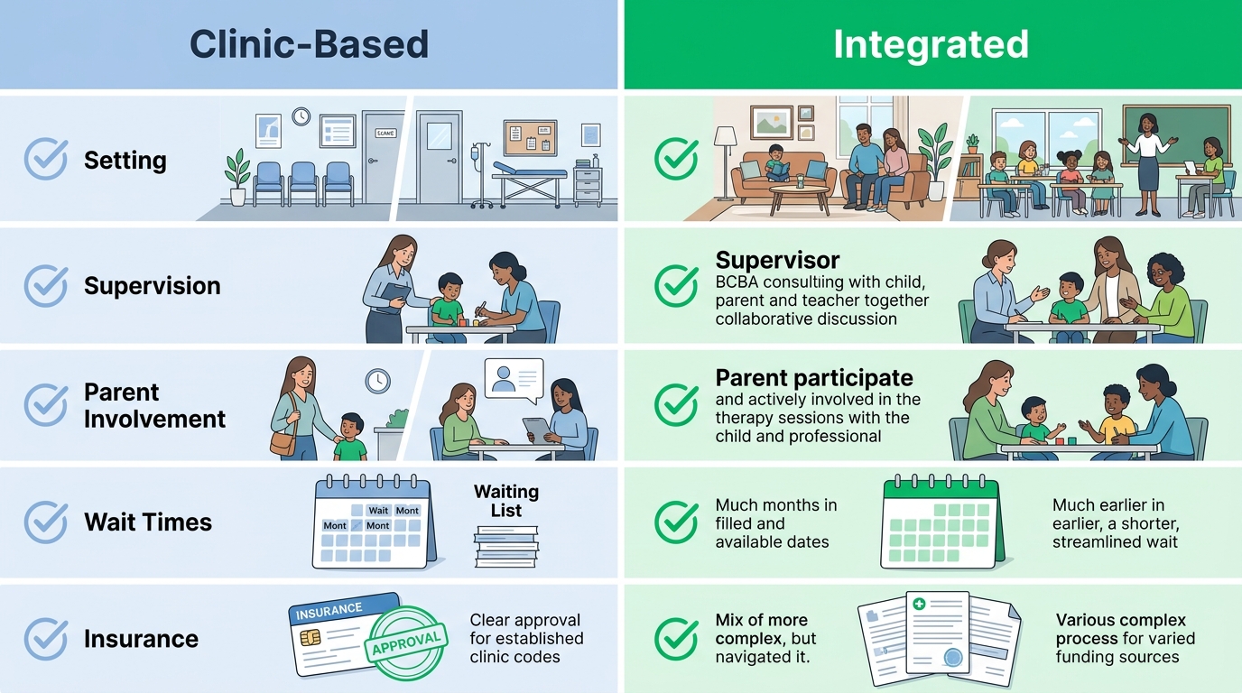 Two-column comparison infographic of Clinic-Based vs Integrated ABA therapy showing key differences
