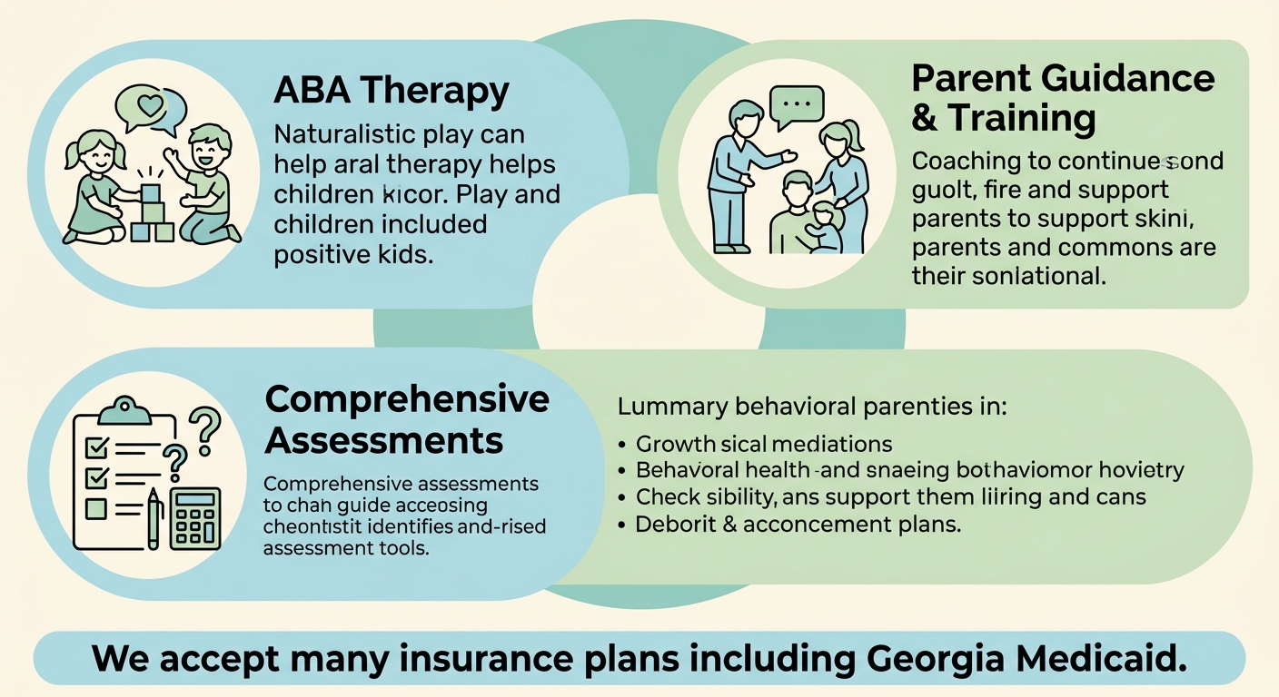 Infographic highlighting ABA therapy, parent training, and comprehensive assessments for family-centered behavioral health services in Augusta, Georgia.