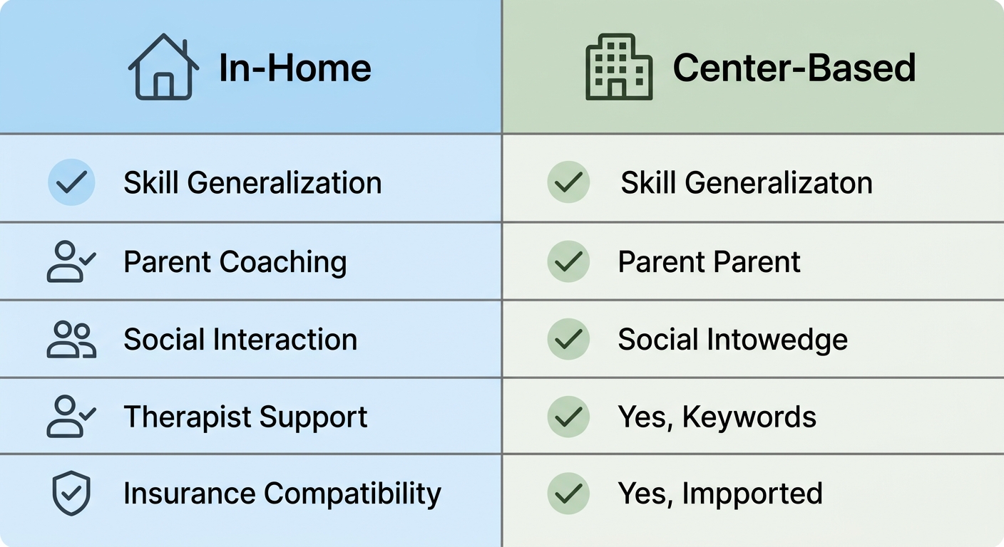 Comparison infographic of in-home versus center-based ABA therapy across five key factors