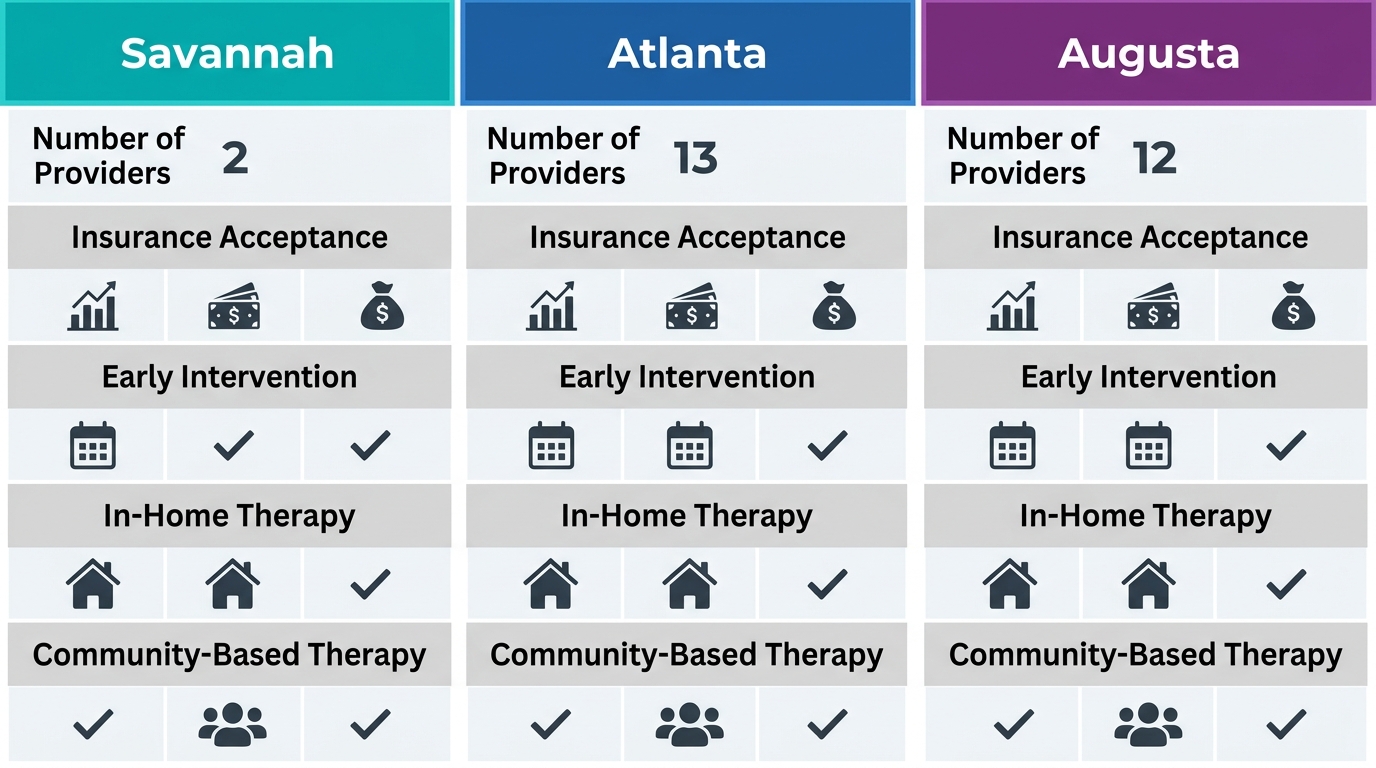 Three-column city comparison infographic for ABA therapy in Savannah, Atlanta, and Augusta