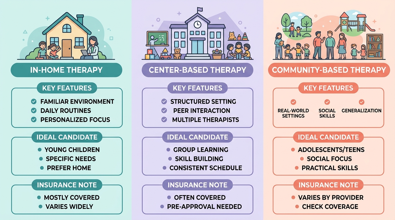 Visual comparison of three ABA therapy settings in Athens Georgia: in-home, center-based, and community-based therapy options.
