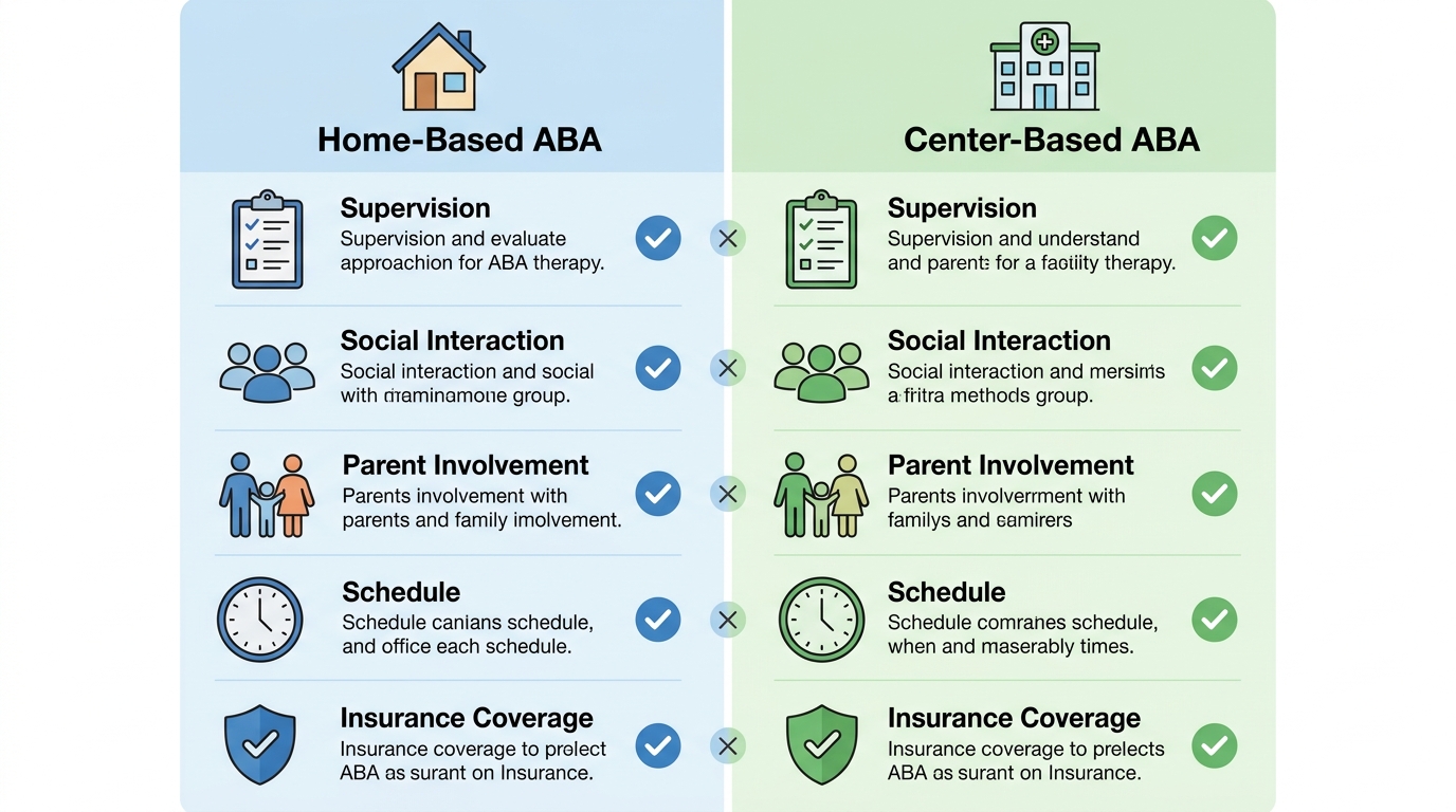 Comparative infographic of home-based and center-based ABA therapy options