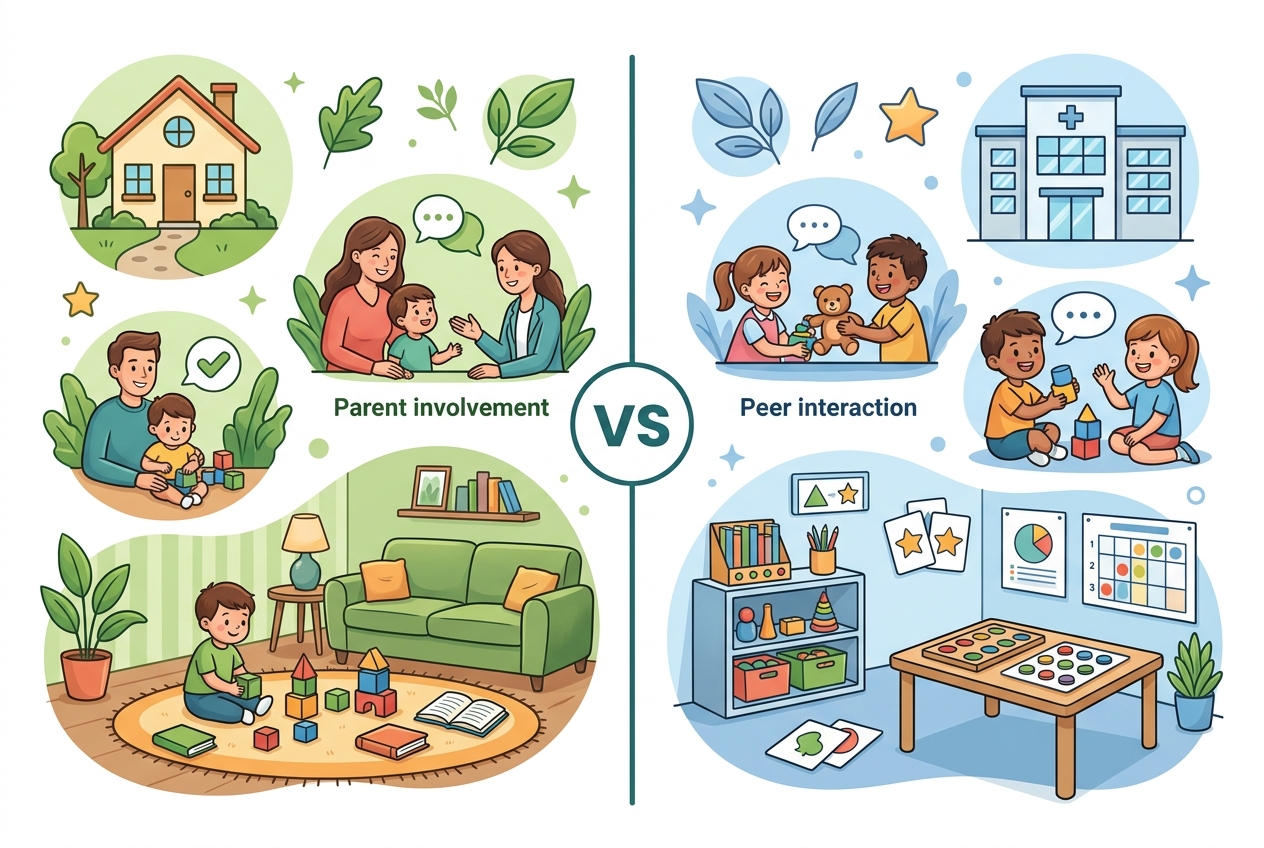 Infographic comparing home-based vs clinic-based ABA therapy in Greensboro
