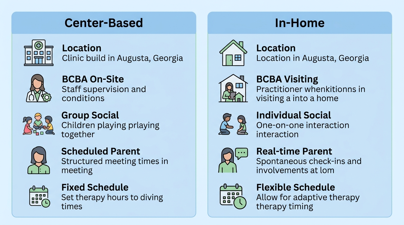 Infographic comparison of center-based versus in-home ABA therapy in Augusta, Georgia