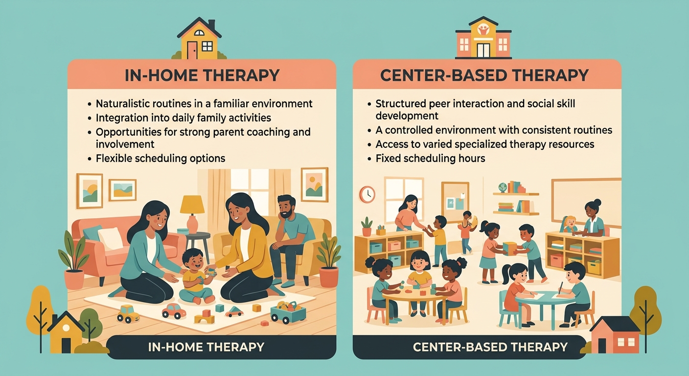 Comparison of in-home and center-based ABA therapy options in Athens, Georgia, shown in a side-by-side infographic with a home icon on the left and a building icon on the right, each paired with brief supportive details.