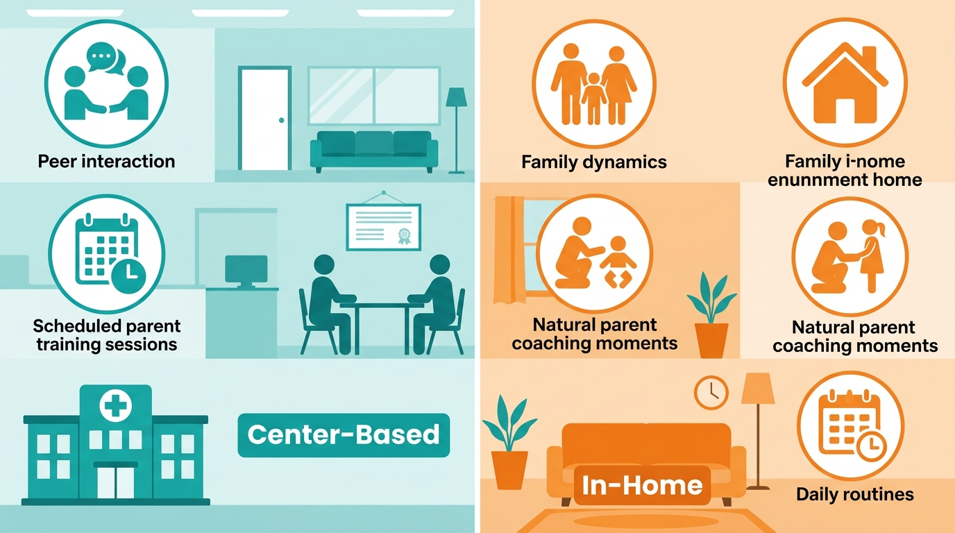 Side-by-side visual comparison of center-based and in-home ABA therapy options.