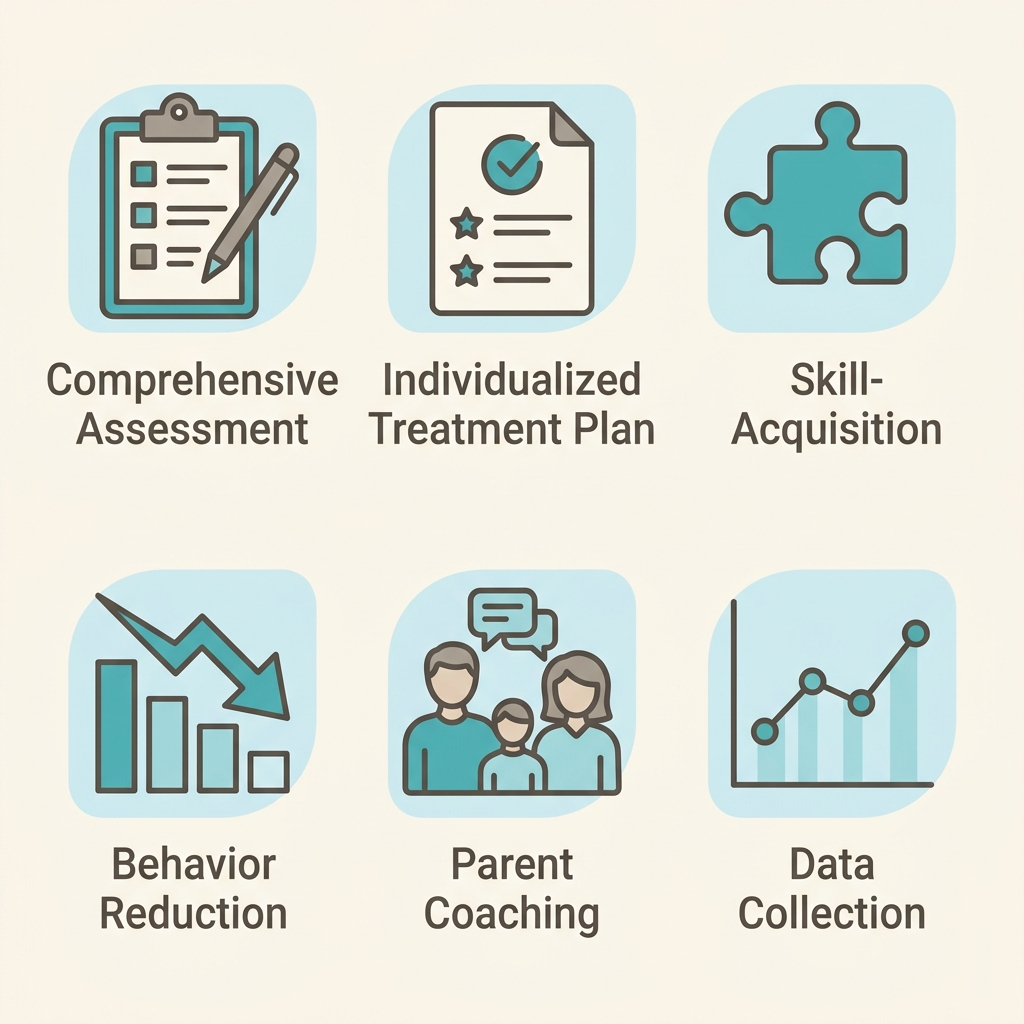 Grid of 6 icons representing core components of in-home ABA therapy: clipboard for assessment, document for treatment plan, puzzle piece for skill acquisition, downward arrow for behavior reduction, family figures for parent coaching, and graph for data collection