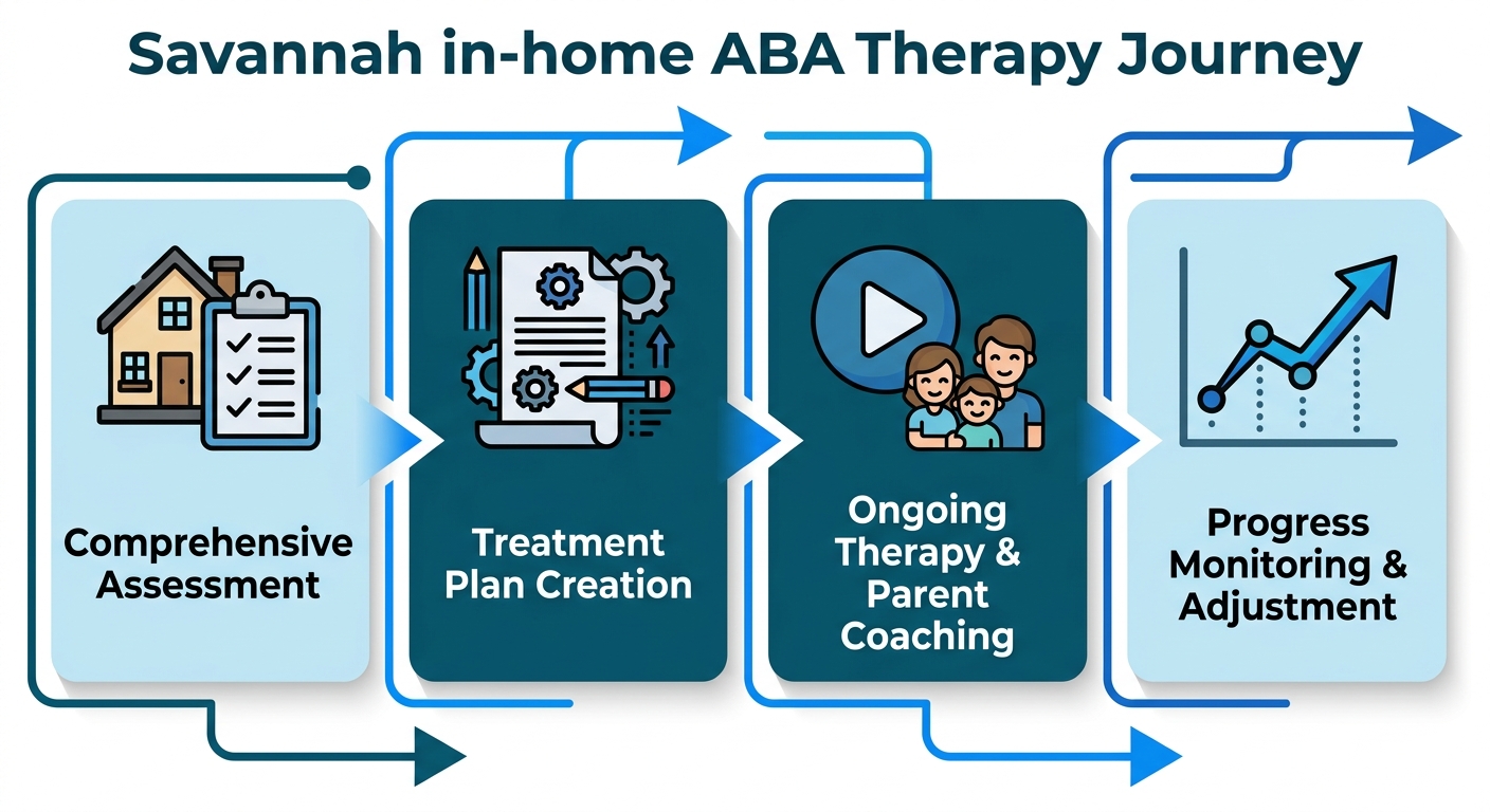 Four-step horizontal process flow for starting in-home ABA therapy in Savannah, showing assessment, treatment plan, therapy, and progress monitoring.