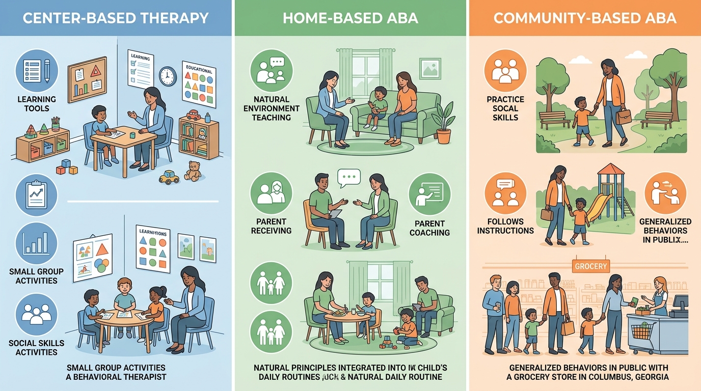 Infographic comparing three ABA service settings in Columbus, Georgia