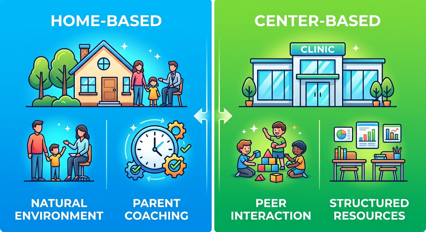 Side-by-side comparison infographic of home-based and center-based ABA therapy services illustrating key benefits such as natural environment, parent coaching, peer interaction, and structured resources