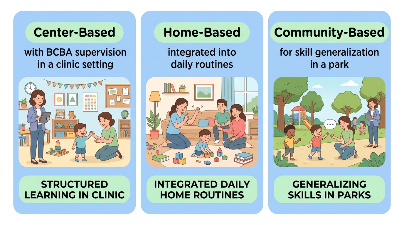 Infographic comparing three ABA therapy settings: Center-Based with BCBA supervision in a clinic, Home-Based with daily routine integration, and Community-Based for skill generalization in a park