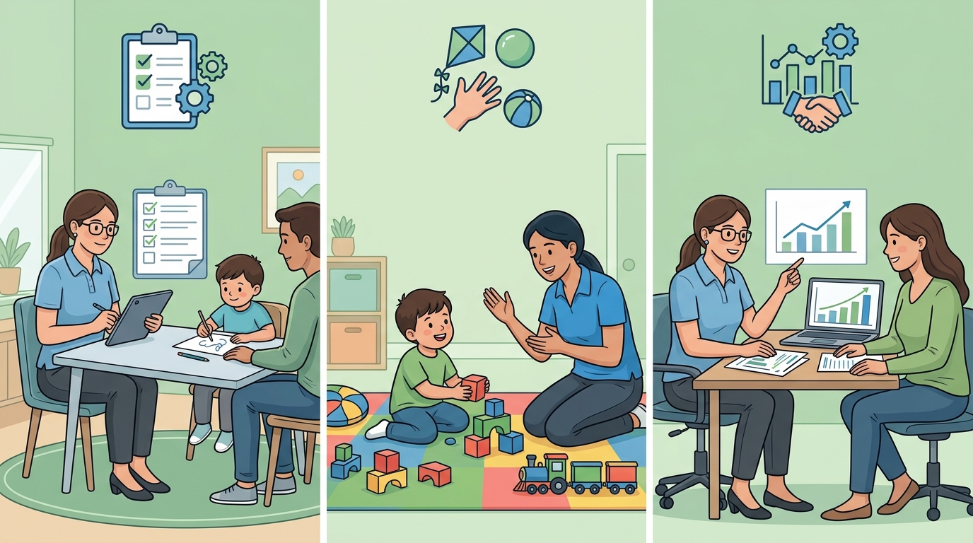 A horizontal 3-step process flow diagram for ABA therapy sessions. Step 1 shows a clipboard over a home. Step 2 shows a therapist and child playing. Step 3 shows a chart icon with a handshake. No text anywhere.