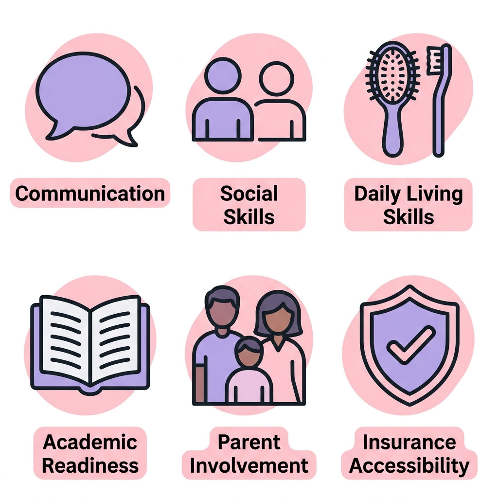Icon set showing six benefits of ABA therapy for children in Atlanta: communication, social skills, daily living, academic readiness, parent involvement, and insurance support