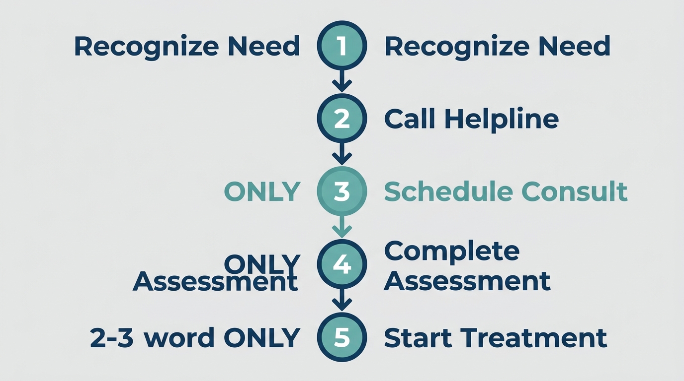Vertical process flow showing five steps to start depression treatment at Rosewood Recovery, with icons for recognizing need, calling the helpline, scheduling a consultation, completing an assessment, and starting personalized treatment in calming teal and blue.