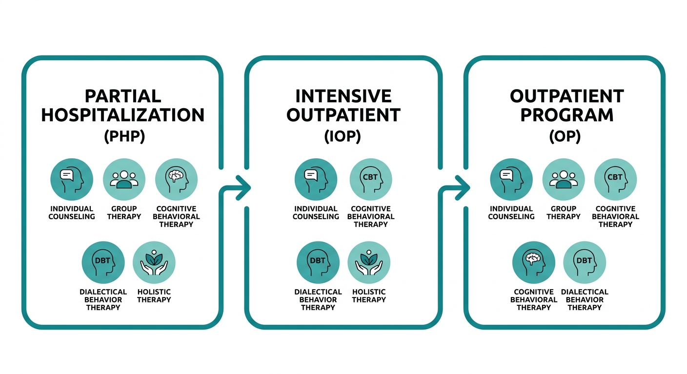 Horizontal three-step process flow showing continuum of care from Partial Hospitalization Program to Intensive Outpatient Program to Outpatient Program
