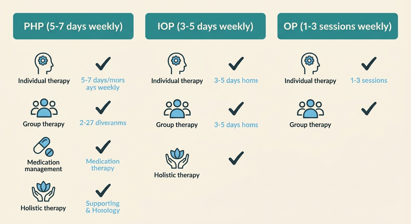 Three-column comparison infographic showing Rosewood Recovery's levels of care: PHP, IOP and OP with icons and checkmarks