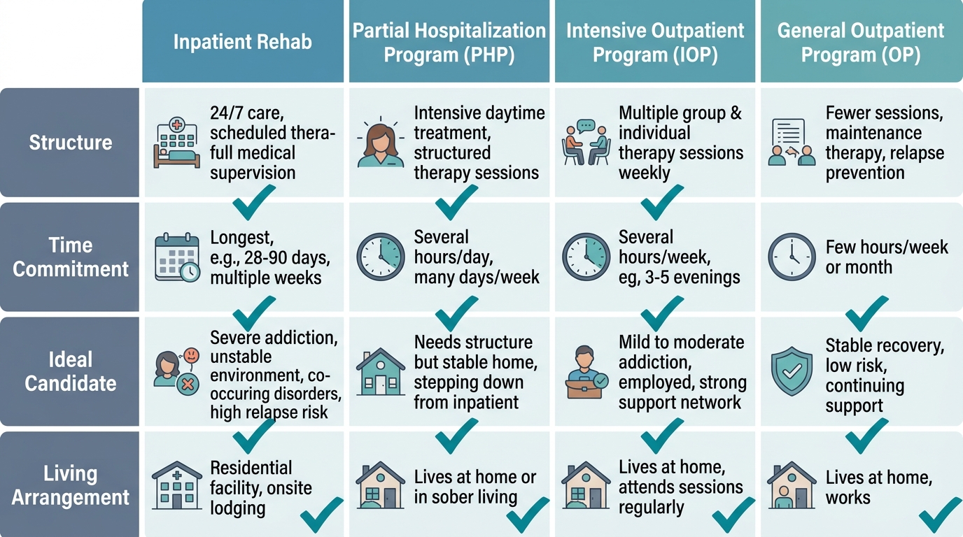 Comparison matrix infographic showing four addiction treatment programs: inpatient rehab, partial hospitalization program, intensive outpatient program, and general outpatient program with rows for structure, time commitment, ideal candidate, and living arrangement using icons and checkmarks.