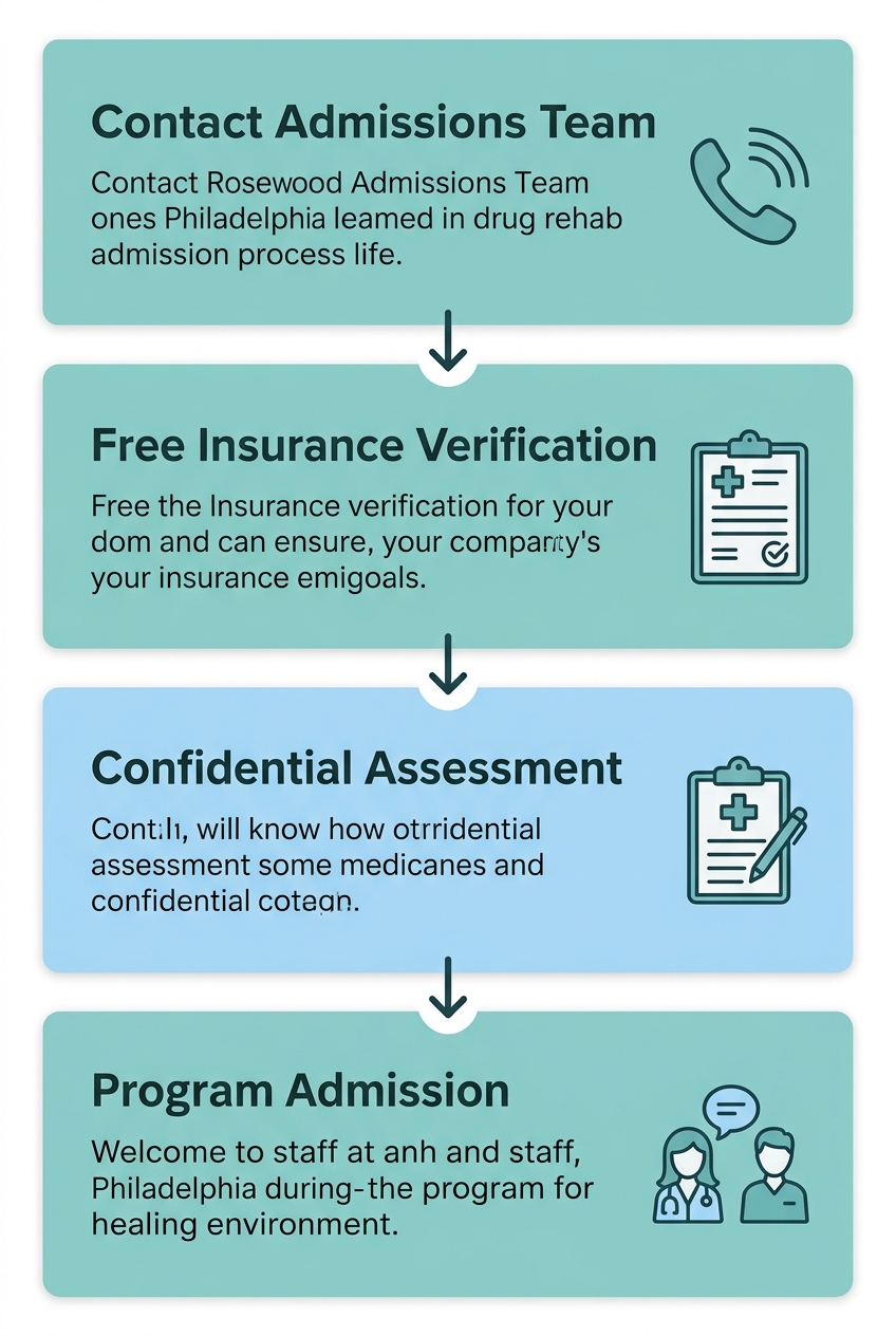 Step-by-step admission process flow for Rosewood Recovery addiction treatment: Contact admissions team, free insurance verification, confidential assessment, and program admission